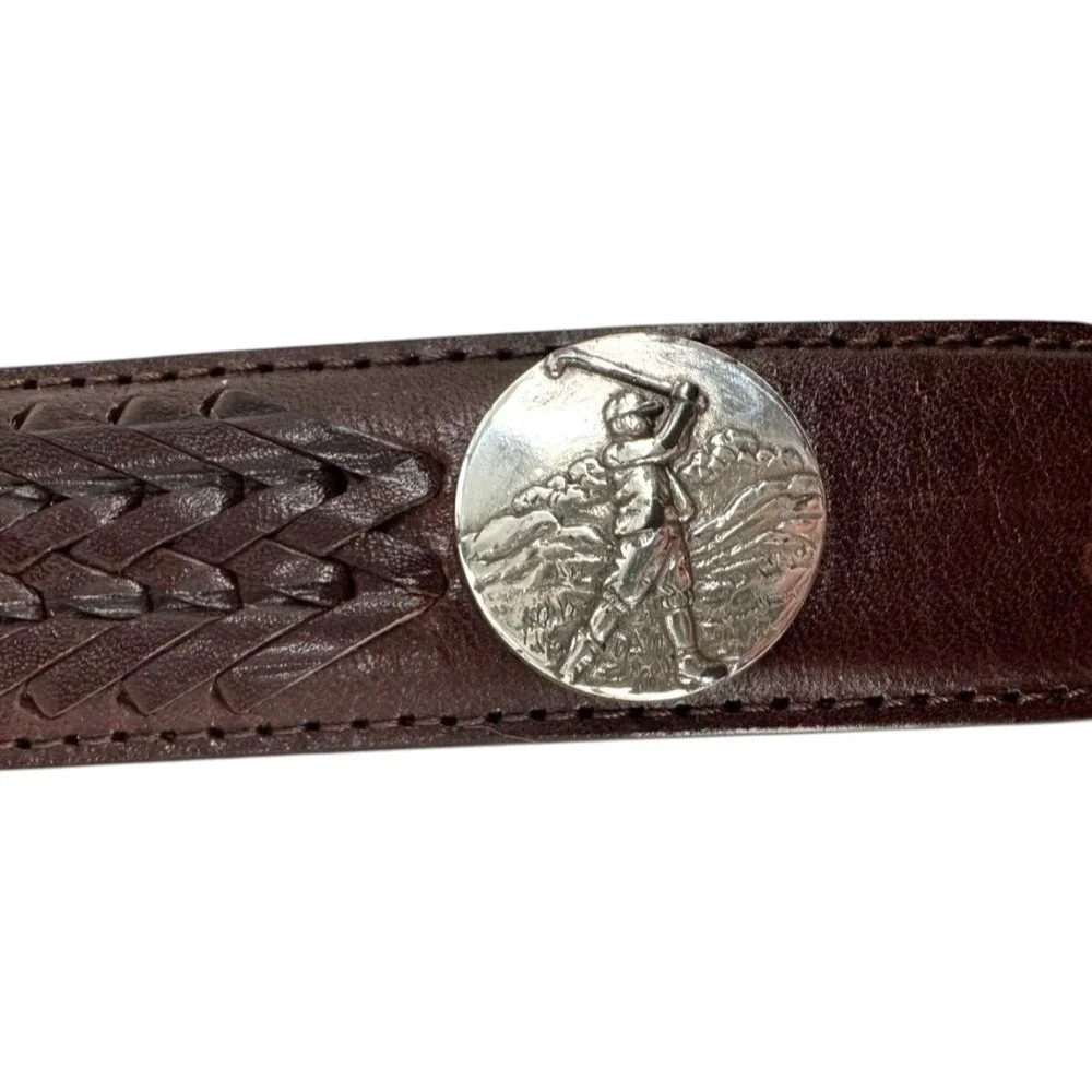 Brighton Onyx Men's 1998 Golf Motif Brown Leather Woven Inlay Belt Size 38